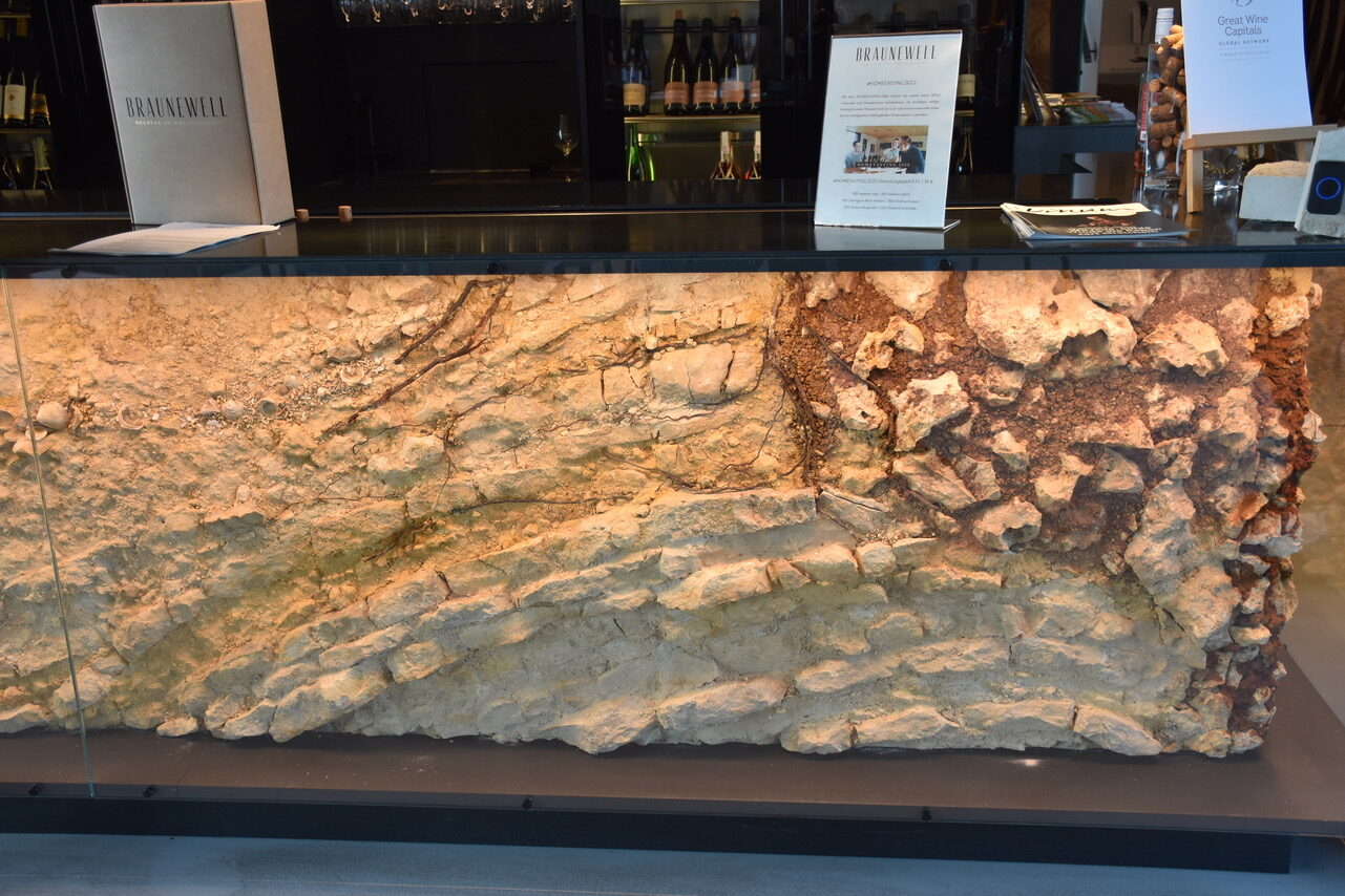 Wine bar with limestone from vineyard behind glass