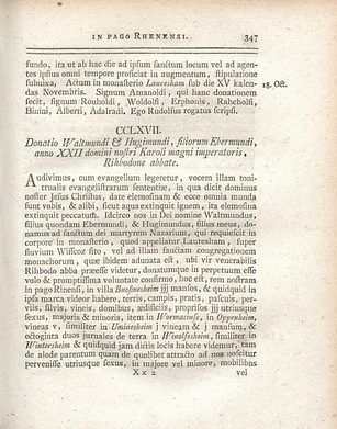 Gedruckte Urkunde aus dem Codex Principis olim Laureshamensis abbatiae diplomaticus: Schenkung der Brüder Waltmund und Hugimund an das Kloster Lorsch, 22. Oktober 789