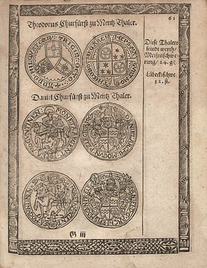 Abbildung des Talers von 1438, eine seit dem 17. Jh. belegte Phantasiefälschung in Arendts Münzbuch aus dem Jahr 1641.