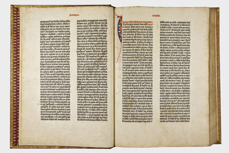 Illustration of an opened forty-two line Gutenberg Bible.