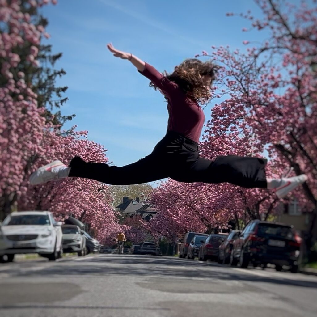 Splits in Ritterstrasse in front of cherry blossoms