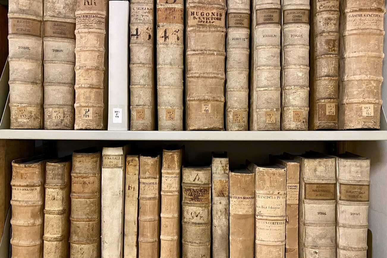 Zwei Regalreihen mit alten Büchern