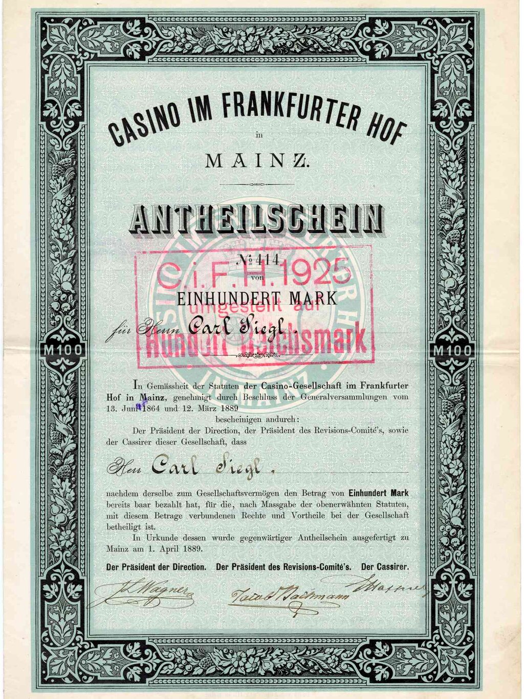 Casino in Frankfurter Hof, Mz, Anteilschein 100 Mark,