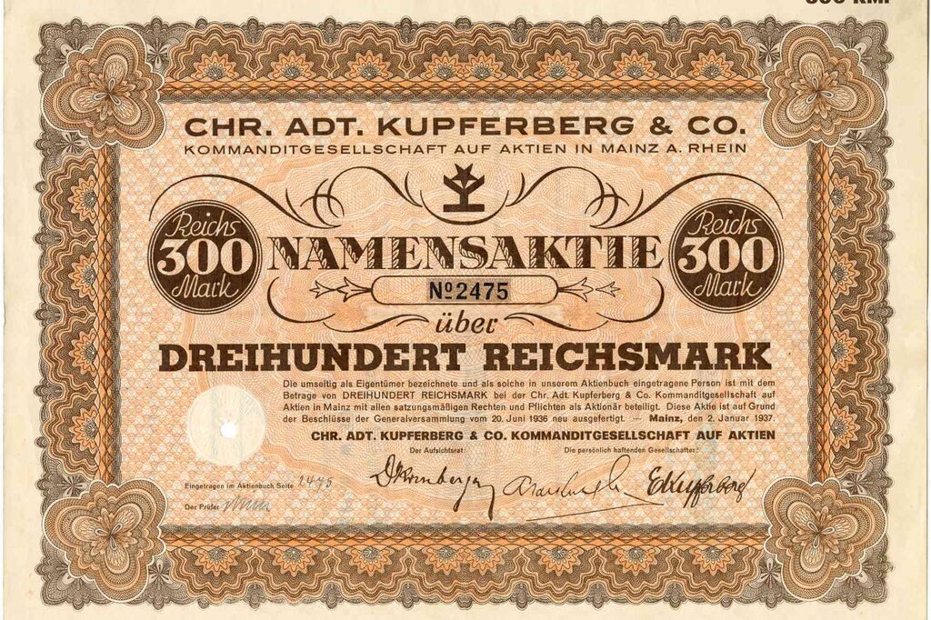 Chr. Adt. Kupferberg & Co, Mz, Aktie 300 RM