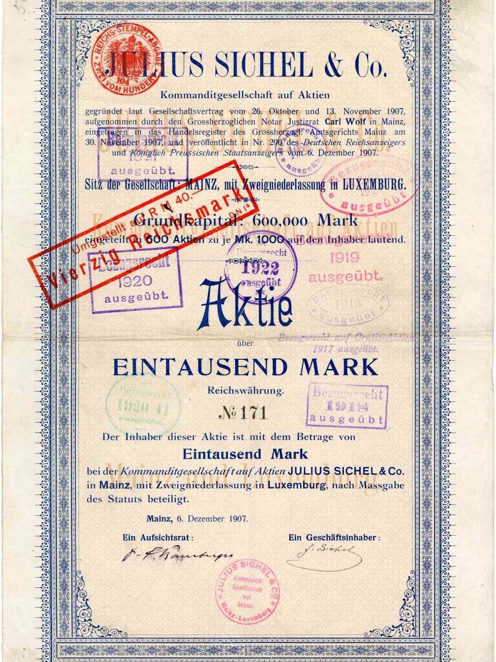 Julius Sichel & Co. Mz, Luxemburg, Aktie, 1.000 Mark