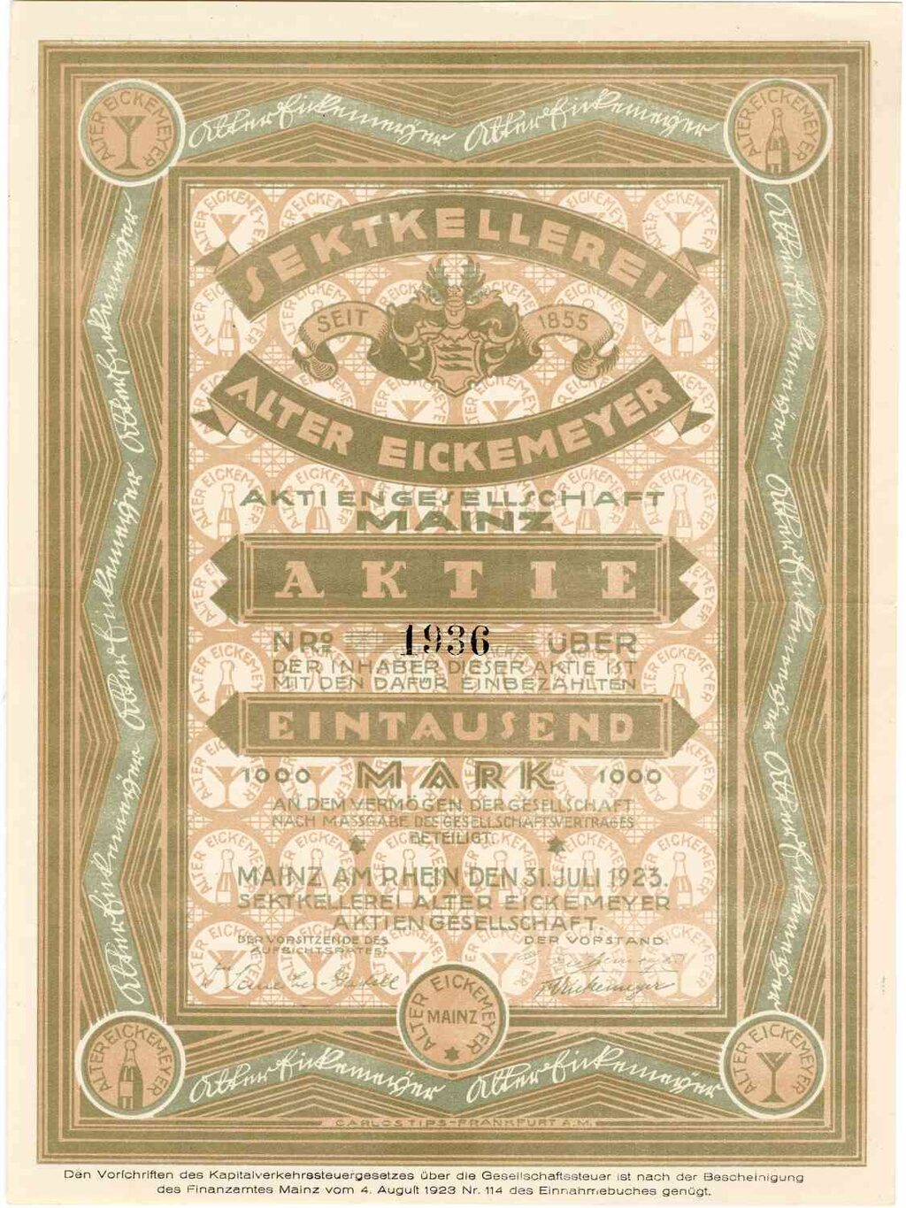 Sektkellerei Alter Eickemeyer AG Mz, Aktie 1.000 Mark