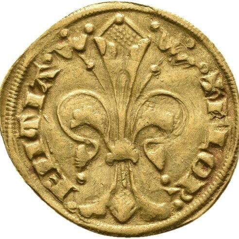 Alte Goldmünze, in der Mitte eine Lilie, am Rand Schrift zu erkennen.