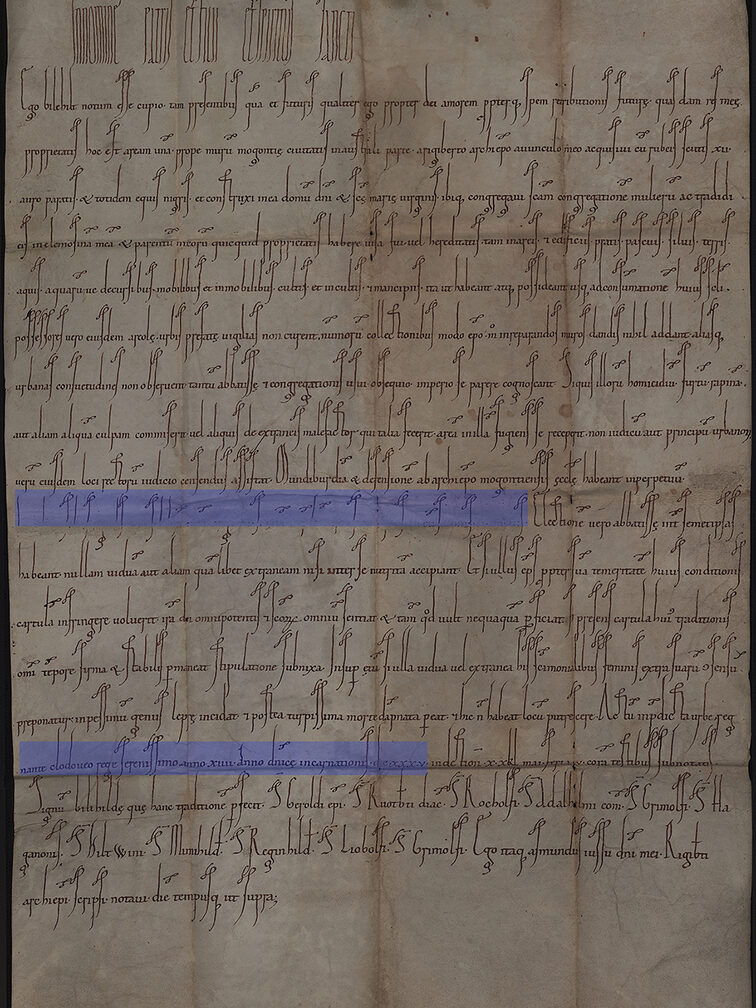 Gefälschte Urkunde des Altmünsterklosters mit Markierungen.