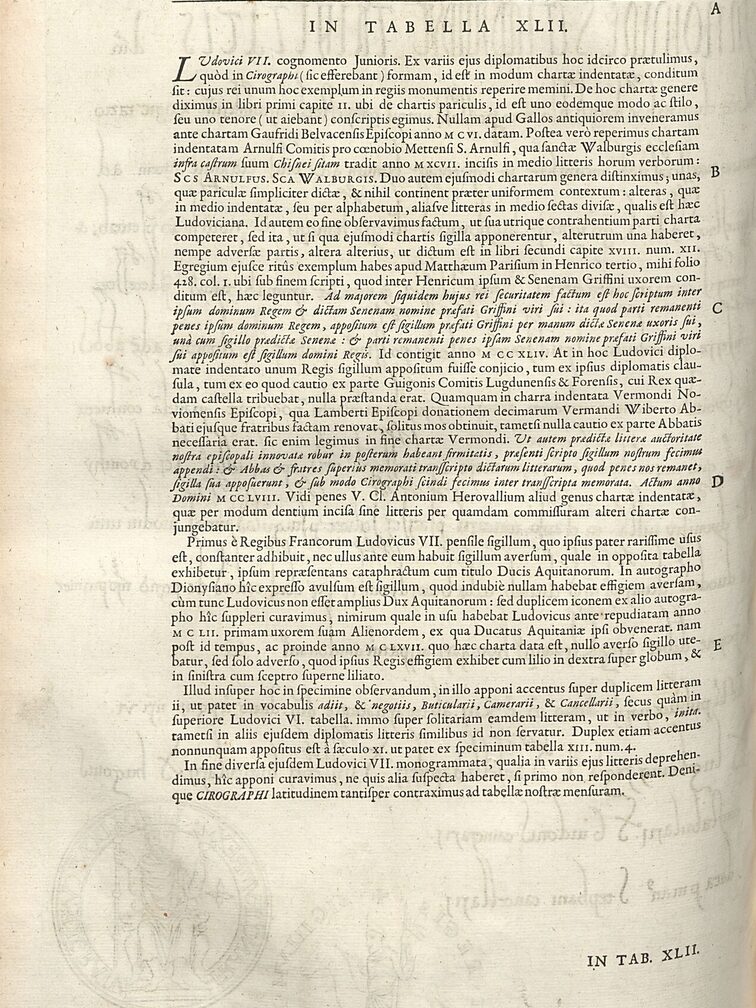 Eine Seite aus dem Werk "de re diplomatica" von 1709.