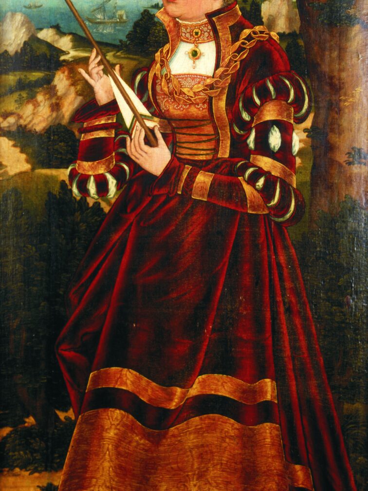 Farbiges Gemälde, das die Heilige Ursula zeigt.