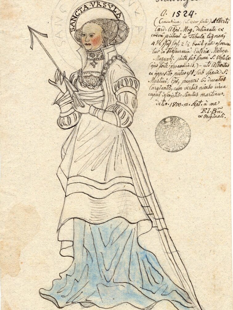 Blatt mit leicht colorierter Zeichnung mit der Heiligen Ursula