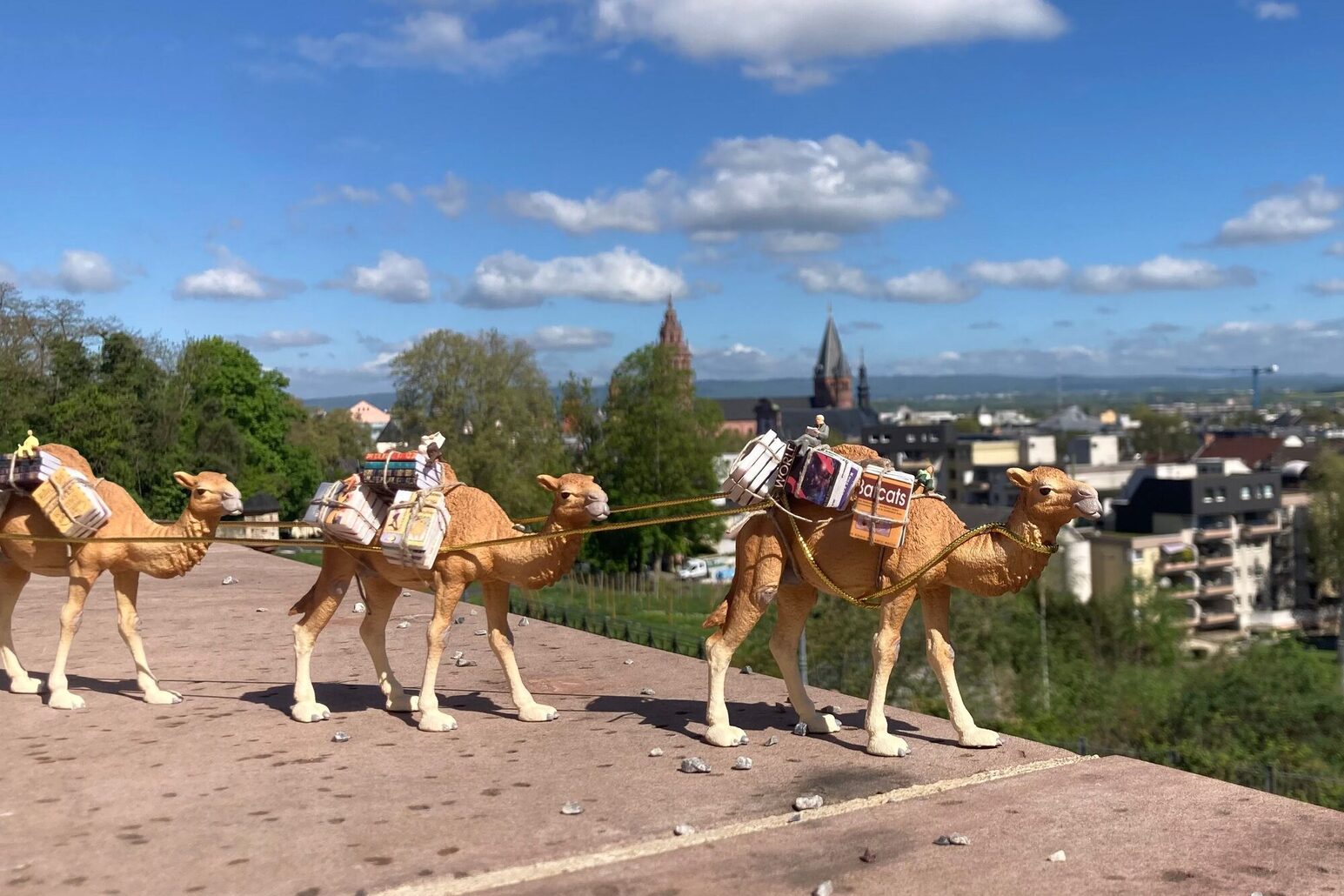 Karawane aus Holzkamelen und Mainz im Hintergrund