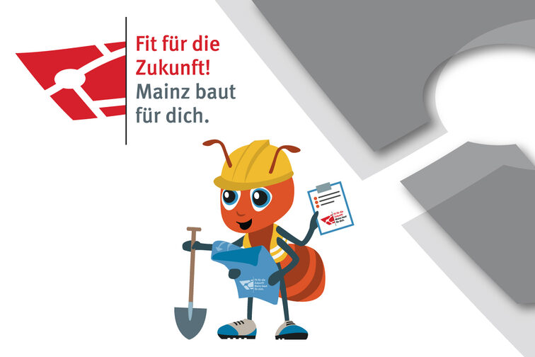 Mrówka jako robotnik budowlany ze szpadlem, planem i listą kontrolną, z tekstem powyżej: Fit for the future! Mainz buduje dla ciebie.