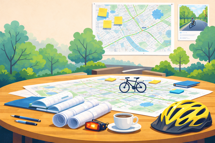 Tisch mit Plänen Thema Fahrrad