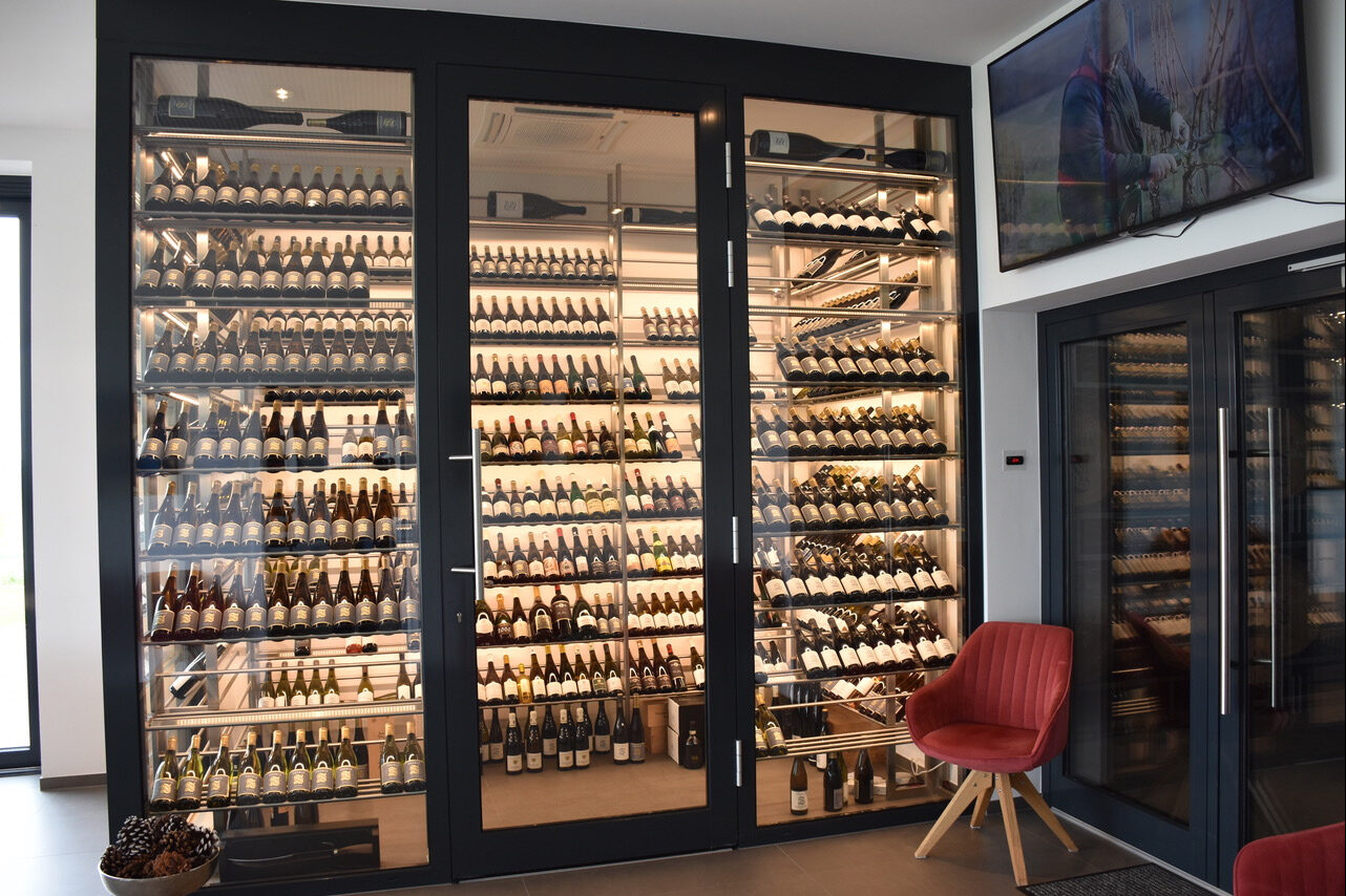 Wine climate cabinet filled with wine bottles