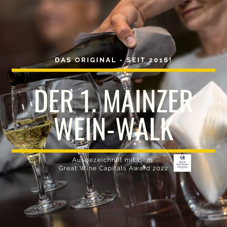 Lettering of the 1st Mainz Wine Walk with glasses in the background