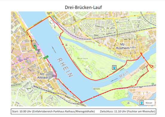 Strecke des Drei-Brücken-Laufs Mainz