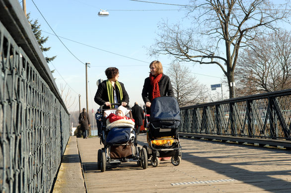 Spaziergängerinnen auf der Drehbrücke am Winterhafen