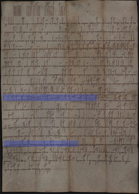 Im 12. Jh. gefälschte Urkunde des Altmünsterklosters in Mainz mit Markierungen. Signatur: Stadtarchiv Mainz, U/635 April 22