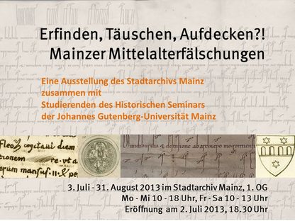 Plakat zur Ausstellung mit Ausschnitten alter gefälschter Dokumente