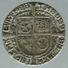 Vorderseite einer alten Münze mit Wappen. Im Wappen zweimal Mainzer Rad.