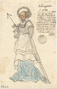 Blatt mit leicht colorierter Zeichnung mit der Heiligen Ursula