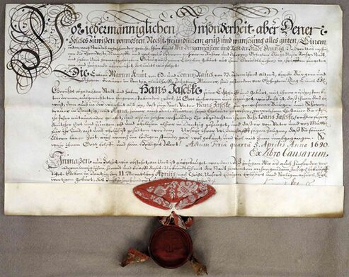 Migration in der Frühen Neuzeit: Geburtsbrief des Schreiners Hans Jaschke, ausgestellt am 11. April 1690 vom Rat der Stadt Danzig. Jaschke benötigte diesen Herkunftsnachweis für seine Einbürgerung in Mainz, die am 9. Juni 1693 erfolgte