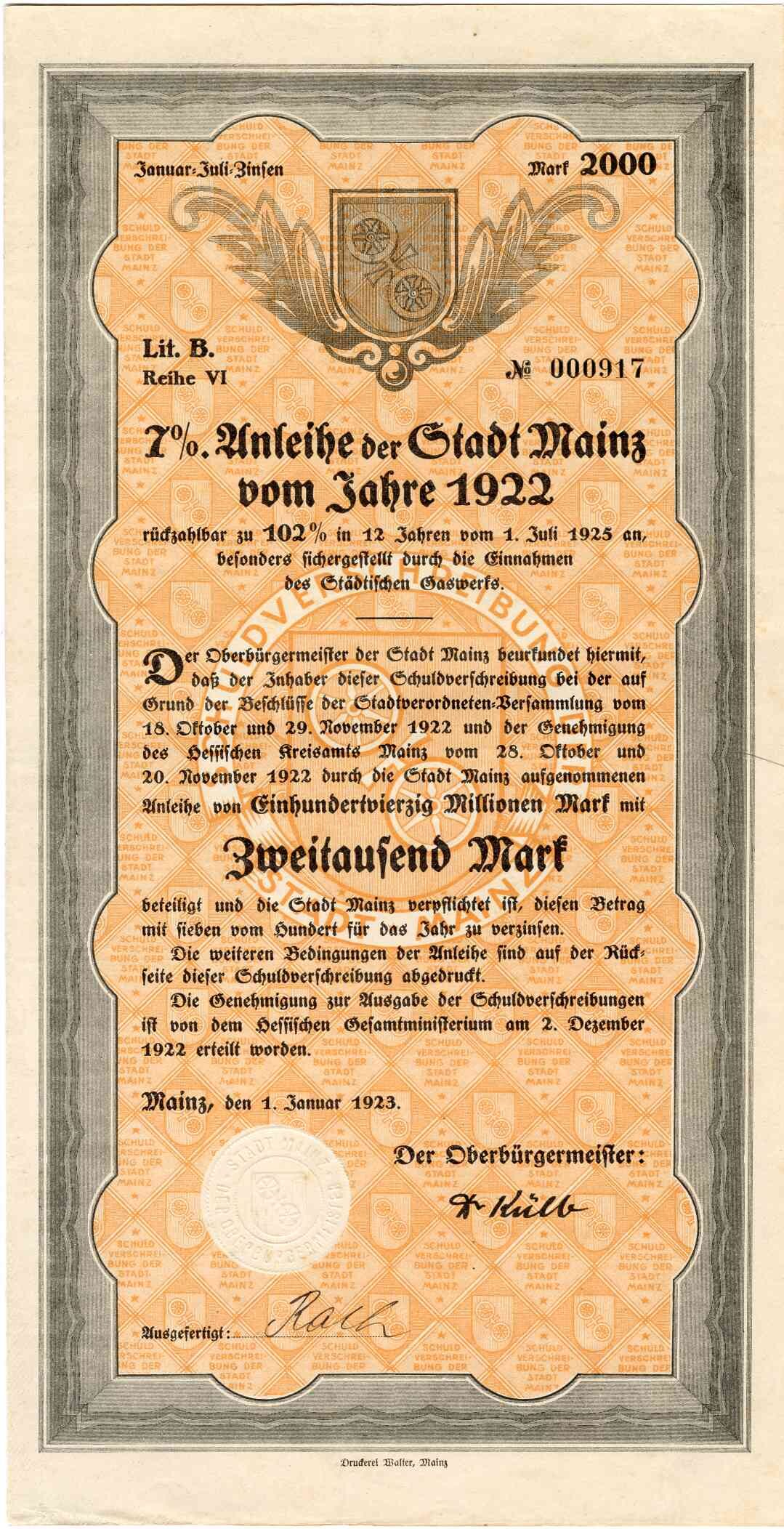 Stadt Mainz, 7 % Anleihe 2.000 Mark