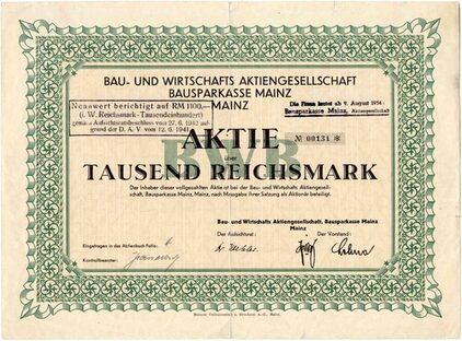 Bau- und Wirtschafts AG, Bausparkasse Mz, Aktie 1.000 DM