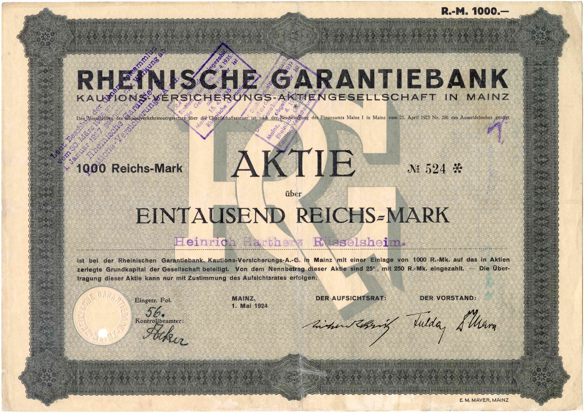 Rheinische Garantiebank, Aktie 1. Mai 1924