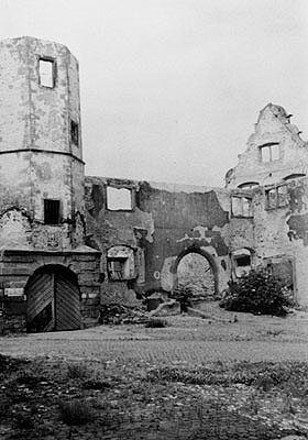 The Old Armory, badly damaged and burnt out by the attacks