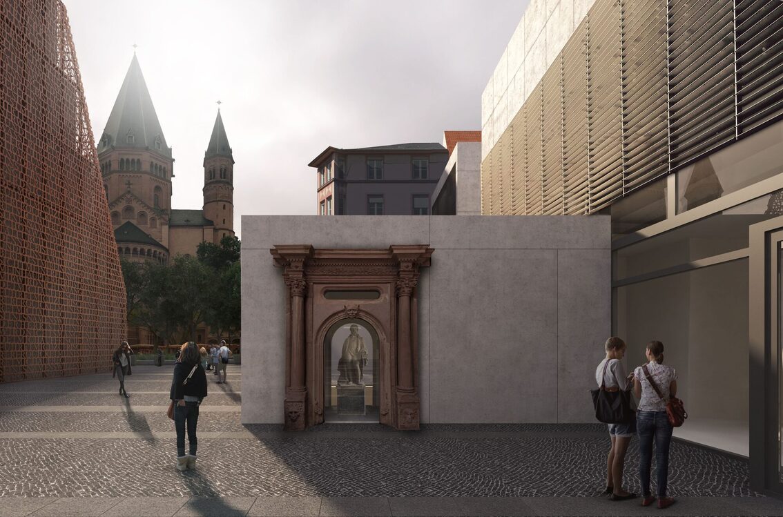 Rendering des Liebfrauenplatzes mit Bibelturm und Schell-Bau.