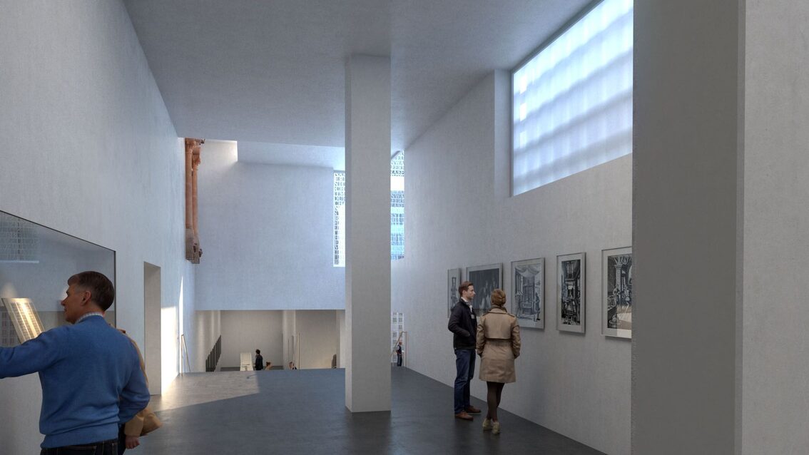 Blick aus der Druckerwerkstatt in den unterirdischen Teil des Neubaus.