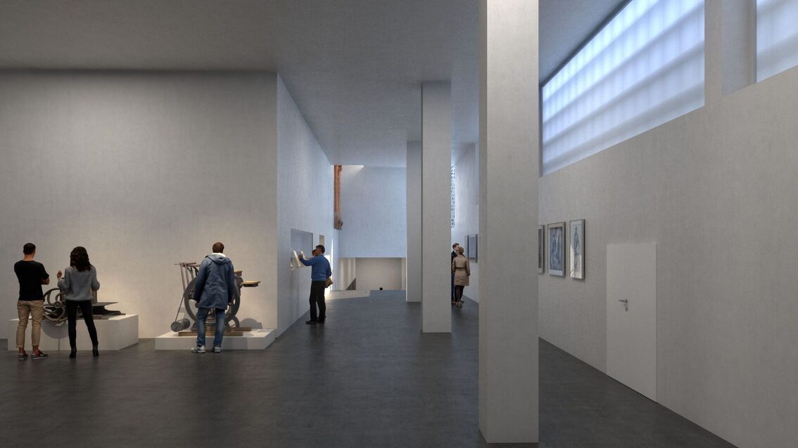 Blick aus der Druckerwerkstatt in den unterirdischen Teil des Neubaus.