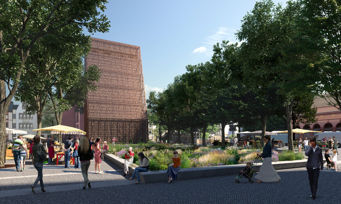 Rendering des Liebfrauenplatzes mit Bibelturm.