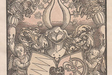 Bildergalerie Gutenberg-Museum "Grafik und Exlibris"  Albrecht Dürers (1471-1528) 1516 entstandenes Exlibris für Hieronimus Ebner zeigt ein von zwei geflügelten Putten gehaltenes Allianzwappen. Hinter den Figuren sind zwei Füllhörner mit Trauben zu sehen. Das in der Dachzeile gedruckte lateinische Motto „DEUS REFUGIUM MEUM“ lässt sich als „Meine Zuflucht ist Gott“ übersetzen.