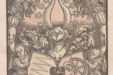 Bildergalerie Gutenberg-Museum "Grafik und Exlibris" Exlibris von Albrecht Dürer für Hieronymus Ebner von Eschenbach The bookplate created by Albrecht Dürer (1471-1528) in 1516 for Hieronimus Ebner shows a combined coat of arms carried by two winged putti. Behind the figures, two horns of plenty filled with grapes can be seen. The Latin motto printed in the top line reads "DEUS REFUGIUM MEUM", which can be translated as "God is my refuge."