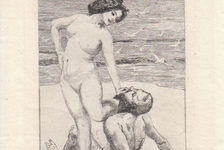 Bildergalerie Gutenberg-Museum "Grafik und Exlibris" Exlibris von Max Klinger für Elsa Asenieff The bookplate of Elsa Asenijeff  (1867-1941), designed by the German painter Max Klinger (1857-1920). Asenijeff was a writer and in a partnership with Klinger. The bookplate designed for her shows a full female nude at the beach who is resting her knee and hand on a fallen man. The etching from the year 1896 carries the subtitle "BELTA VINCE" ("Beauty prevails").