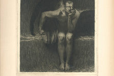 Bildergalerie Gutenberg-Museum "Grafik und Exlibris" Exlibris aus der Grafischen Sammlung Lucifer is looking at the observer with hypnotic eyes. In the Christian heritage, he represents evil, but was originally an angel as the hints of wings indicate. Franz von Stuck (1863-1928) created this work of art around the year 1890; it is an etching of his famous painting, which is located in Sofia, Bulgaria.