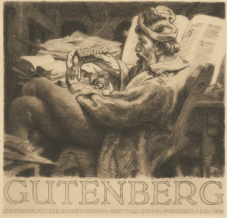 Exlibris, Stiftungsblatt mit Darstellung Gutenbergs