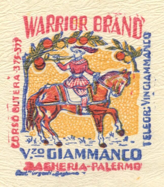 Warrior Brand, italienisches Orangeneinwickelpapier aus Bagheria bei Paler