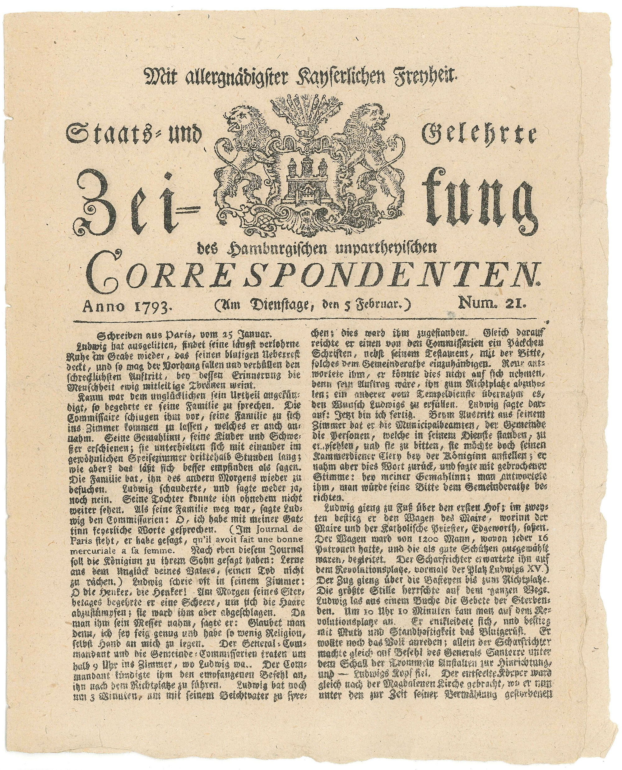 Titelblatt der Zeitschrift "Correspondent" vom 05.02.1793