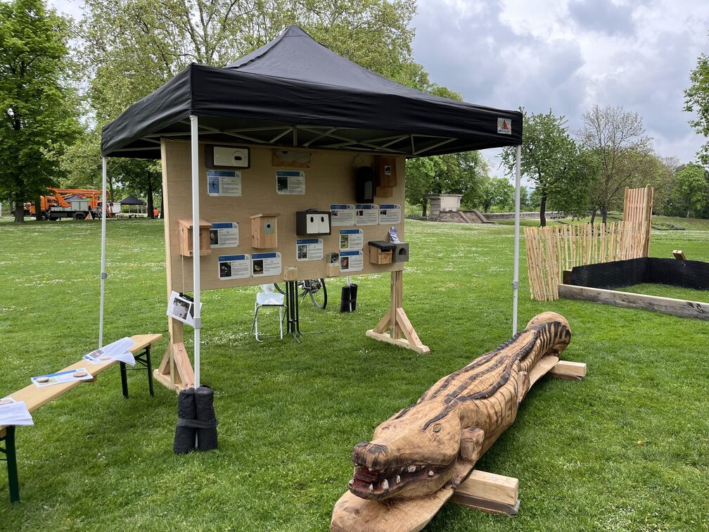 Spielgerät aus Holz und Vogel-Nistkästen in der Übersicht