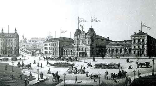 Mainz'da 1890 yılı civarında ön avlulu merkez tren istasyonu