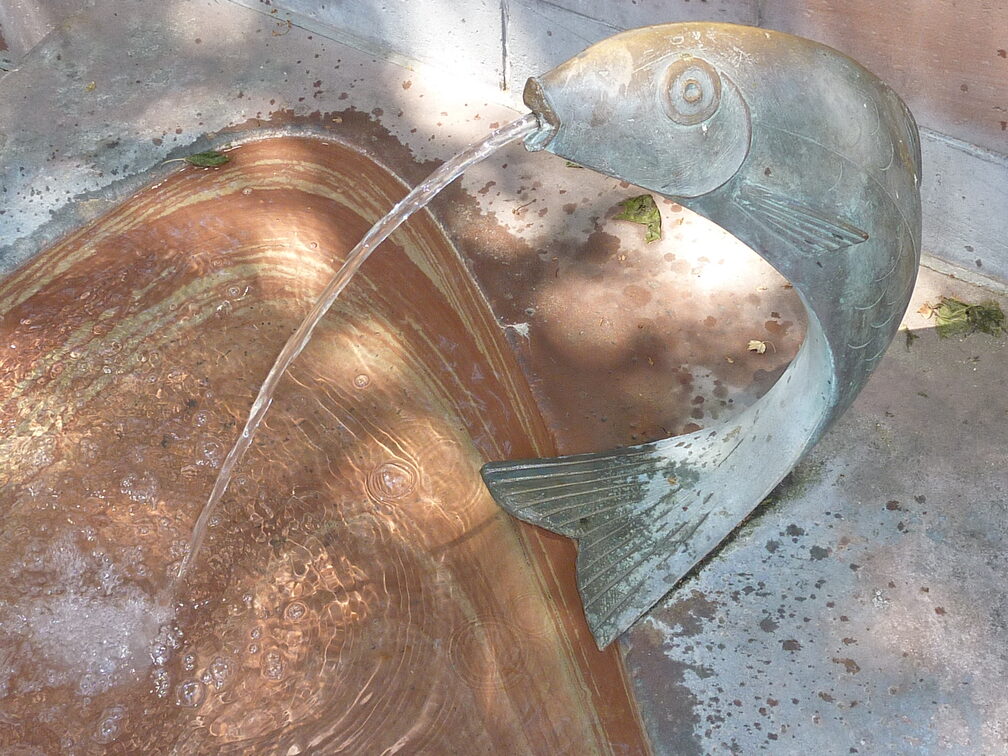 Detail des Ignatzbrunnens, wasserspeiender Fisch