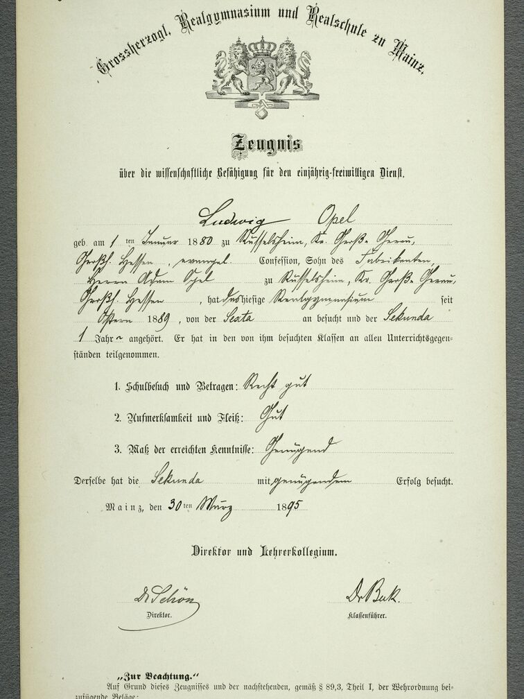 Altes Zeugnis des Realgymnasiums und der Realschule Mainz, 1895