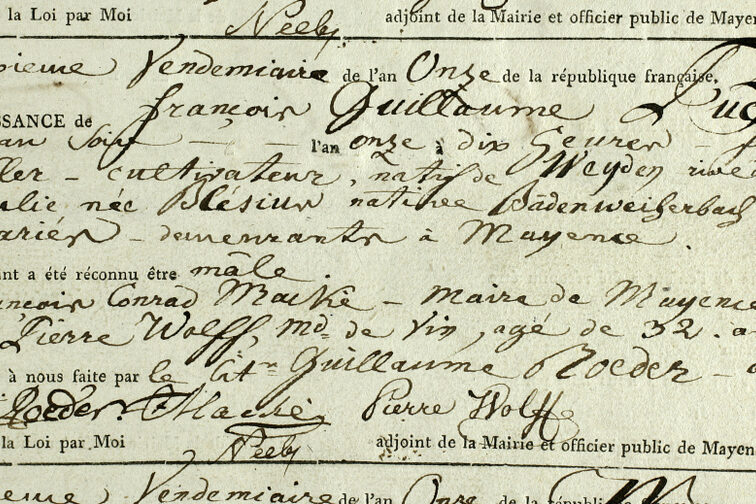 Ausschnitt aus dem Mainzer Geburtsregister 1803/04.