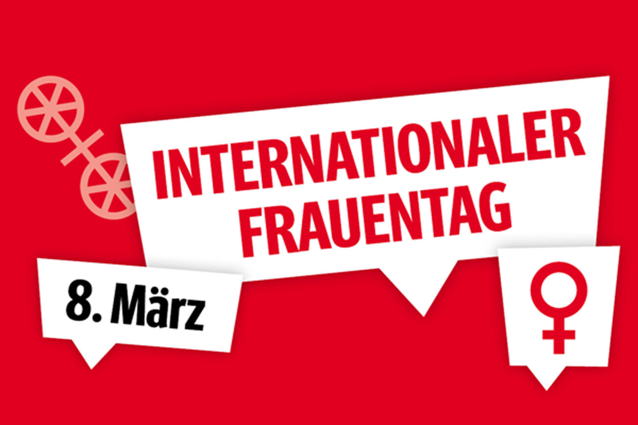 Visual der Landeshauptstadt Mainz zum Internationalen Frauentag mit rotem Hintergrund, Mainzer Rad und Frauensymbol