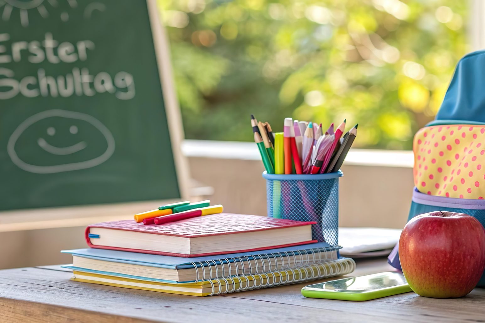 Einschulung – Schulzubehör und Bücher auf dem Schultisch