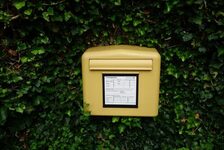 Foto von gelbem Briefkasten vor einer grünen Hecke